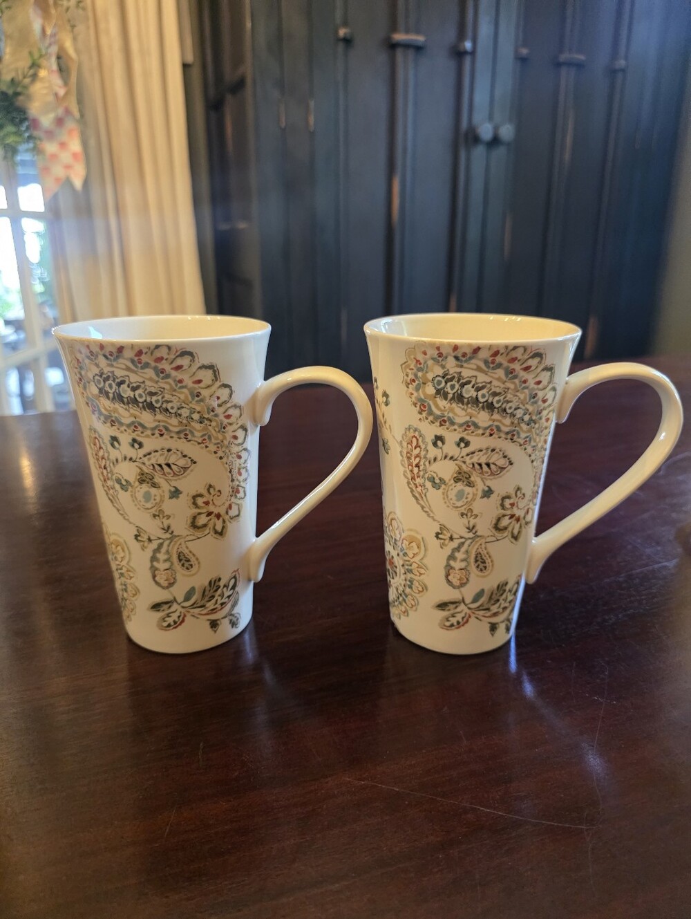 222 Fifth Cream Floral Paisley Tall Ceramic Mugs - Set of 2